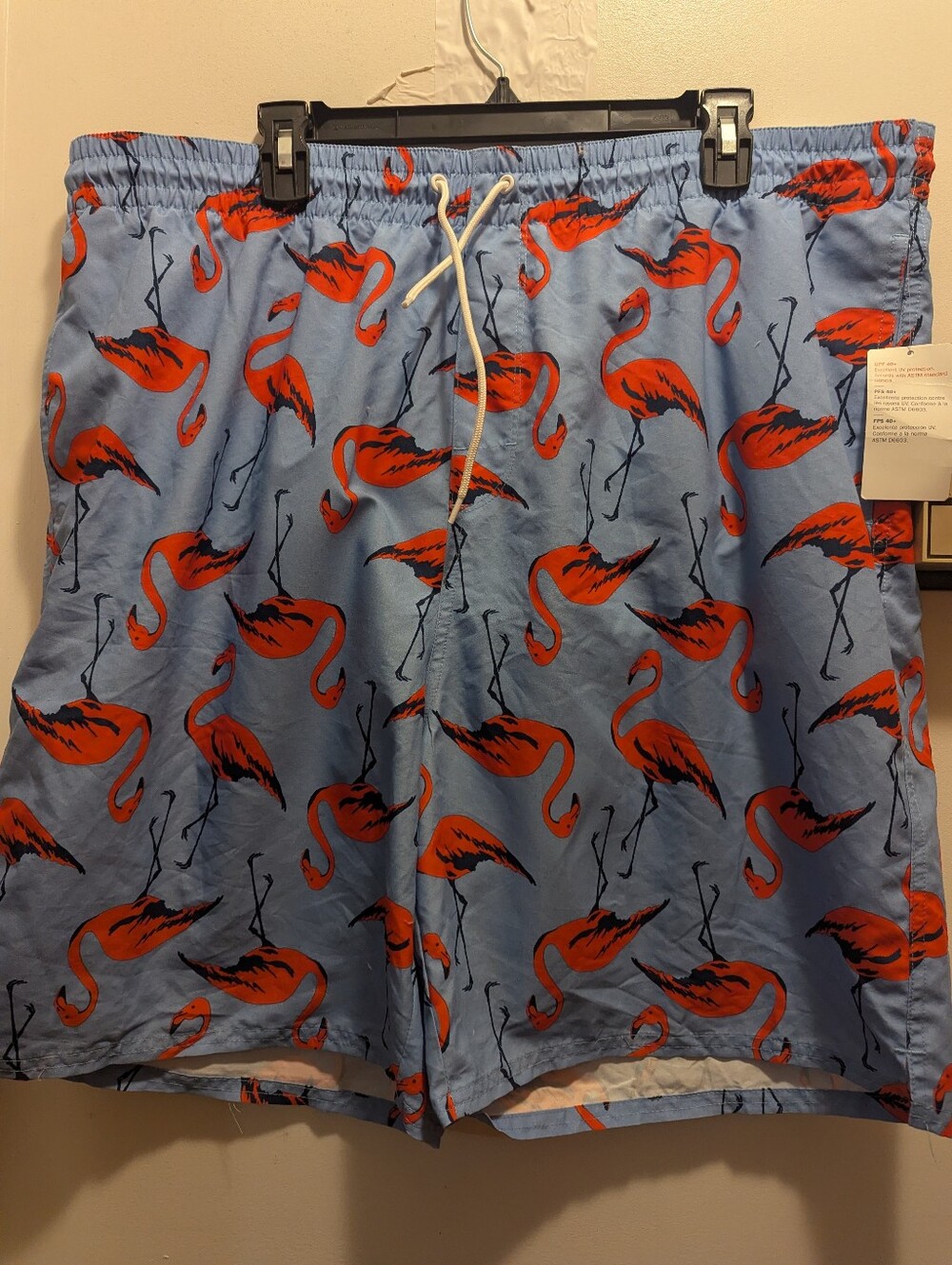 Old Navy Men's XL Light Blue 8 Inch Swim Trunks with Orange Flamingo Print NWT